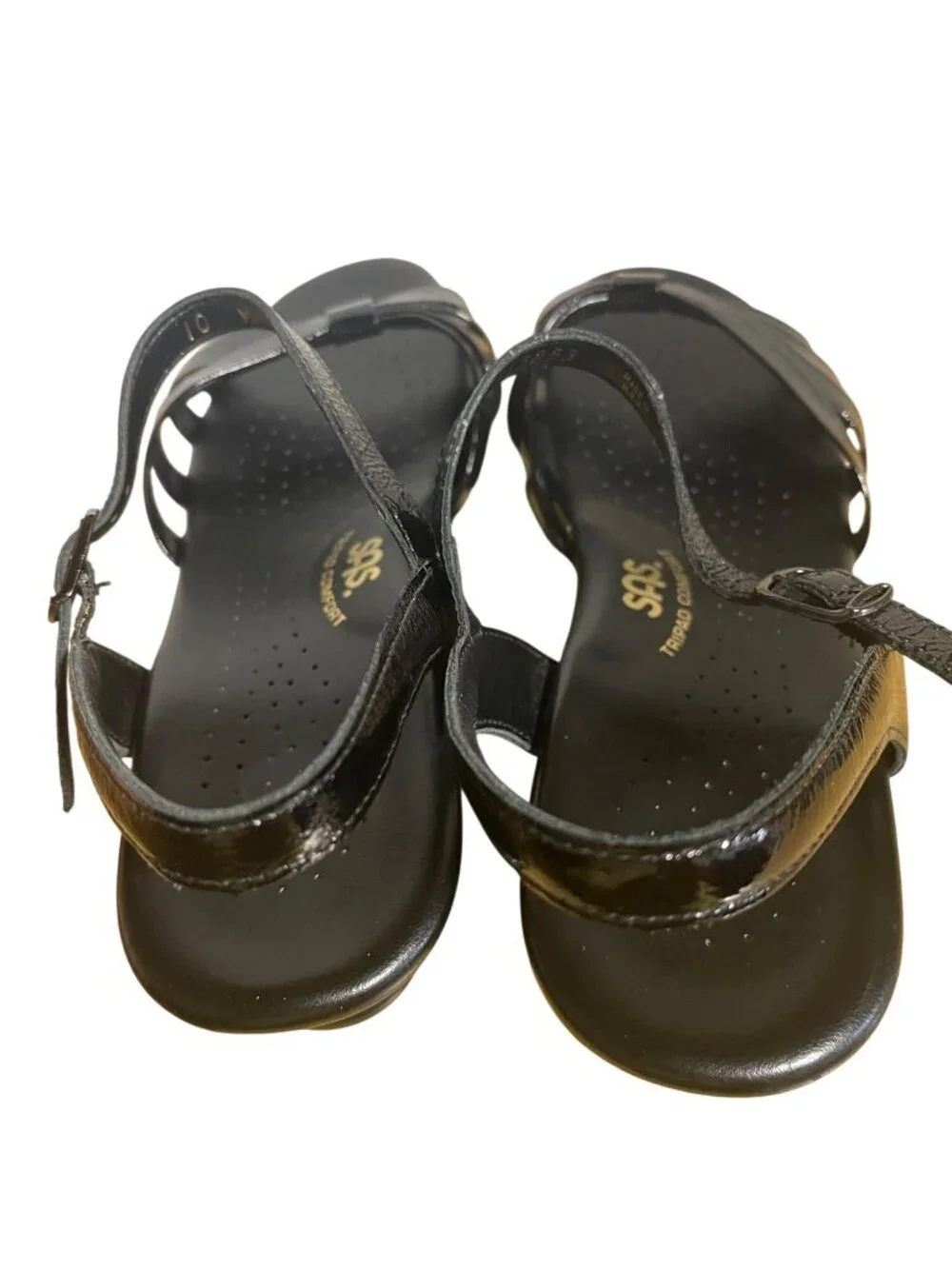 SAS Strippy Black Patent Leather Wedge Sandals Womens Size 10 Tripad Comfort USA